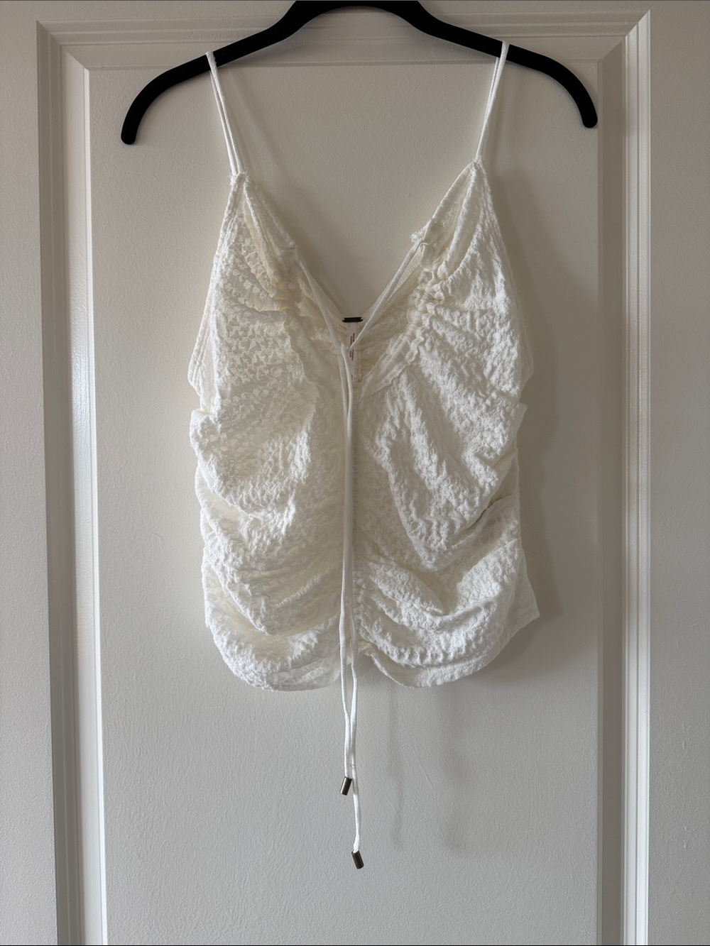 Free People Cream Ruched V-Neck Spaghetti Strap Cami